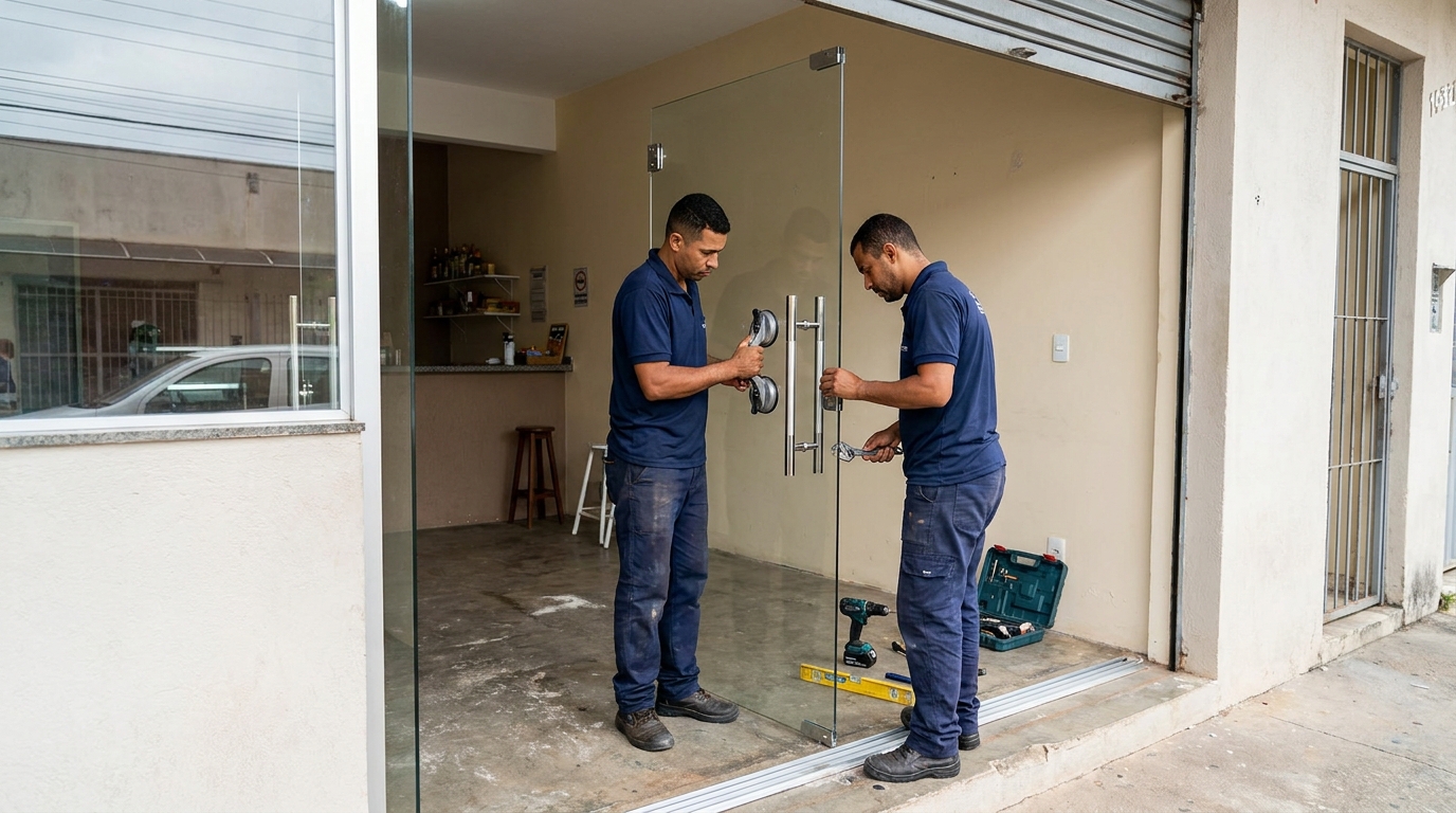 Dupla instalando porta de vidro em loja em Petrolina-PE