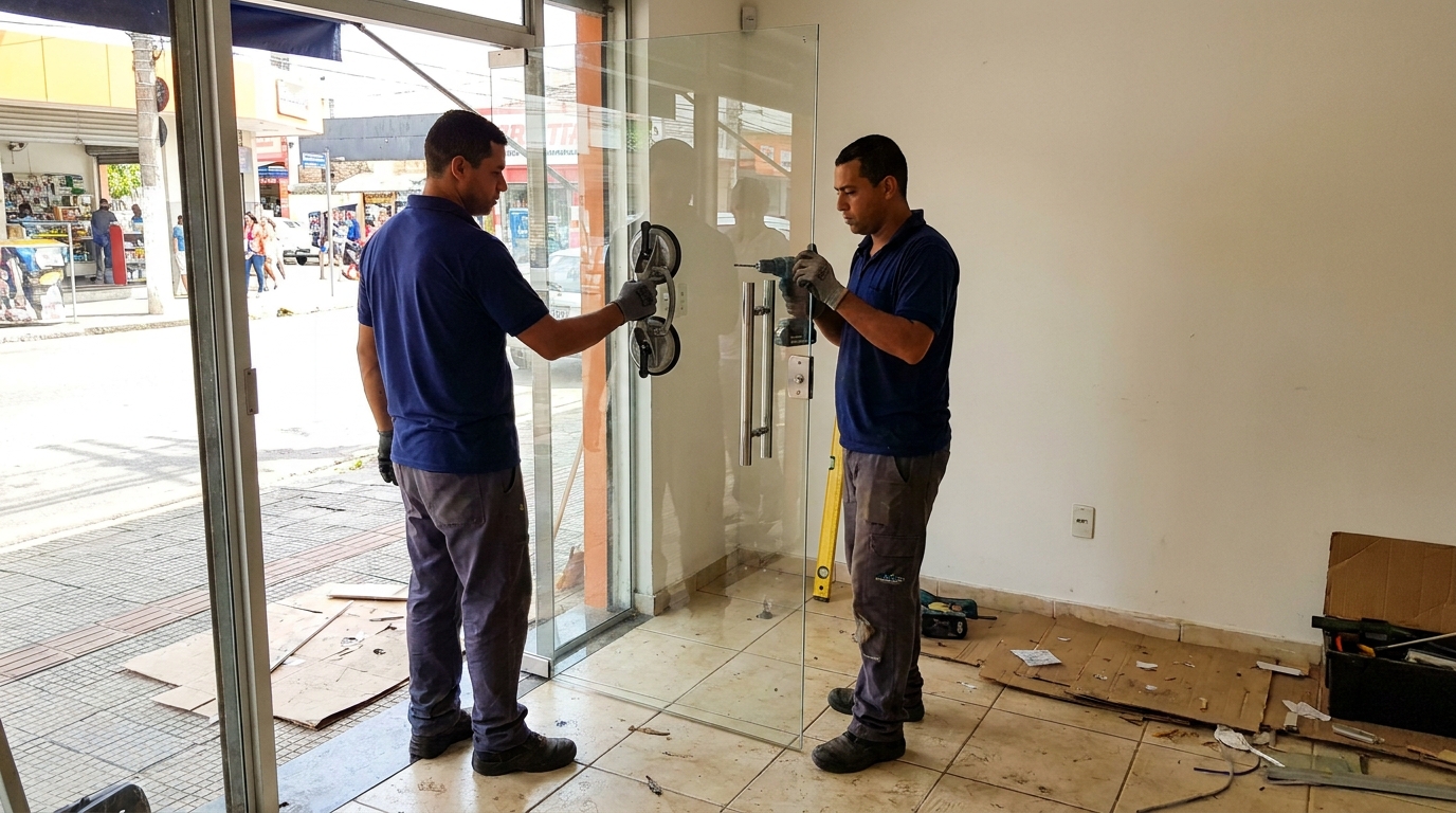 Porta de vidro de loja em rua movimentada em Petrolina-PE